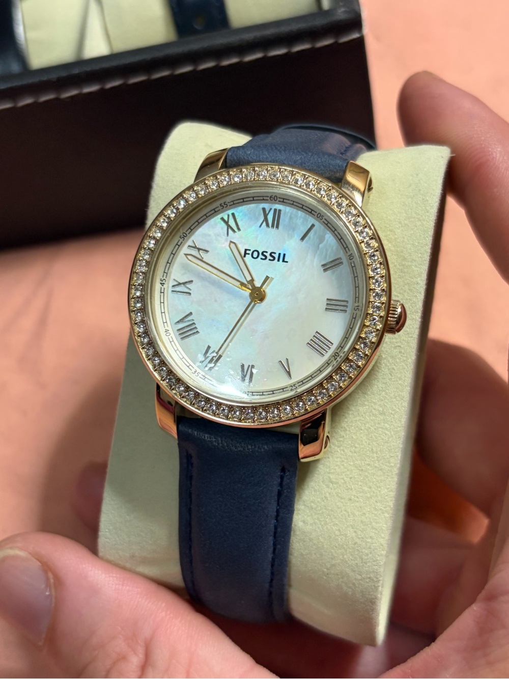 Fossil Gold Crystal Bezel Watch with Navy Leather Strap and iridescent dial